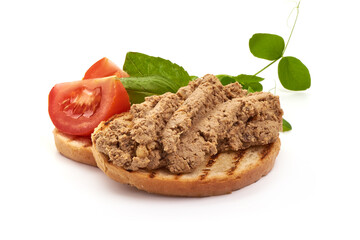 Liver pate sandwich, close-up, isolated on white background