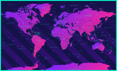 World Map Political - Bright Color Neon Modern Gradient -  Detailed Illustration