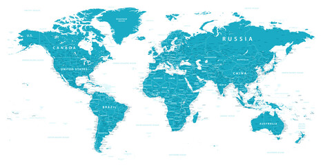 Fototapeta na wymiar World Map Political - illustration. Highly detailed map of the world: countries, cities, water objects