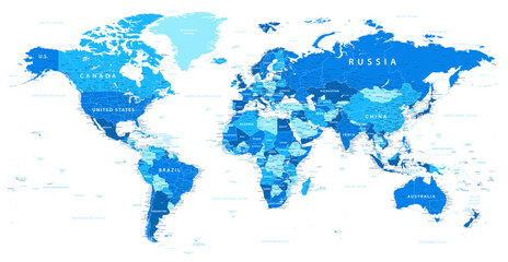 Fototapeta na wymiar World Map Political - Blue and White Color - Detailed Illustration