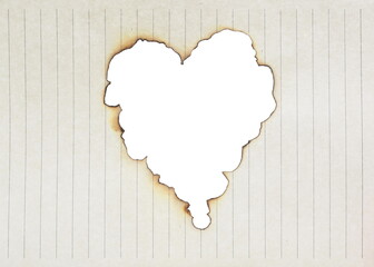 Burned paper in heart shape isolated on white background  