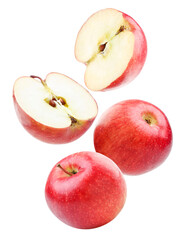 Red apples whole and half fly on a white background. Isolated