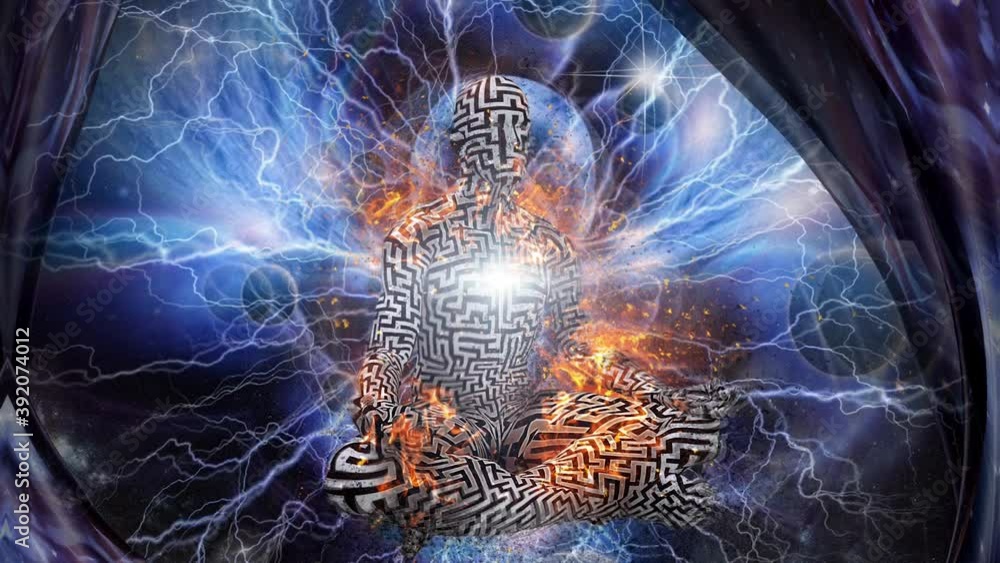 Poster the power of meditation. burning man with maze pattern meditates in endless space animation