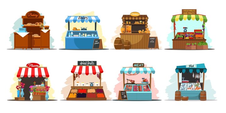 Street Market Stalls And Kiosks With Food Illustration Set. Outdoor Local Fair Vector. Groceries, Fish, Honey, Flowers, Vegetables, Fruits, Meat, Bakery, Dairy Stores. Empty Wooden Booth