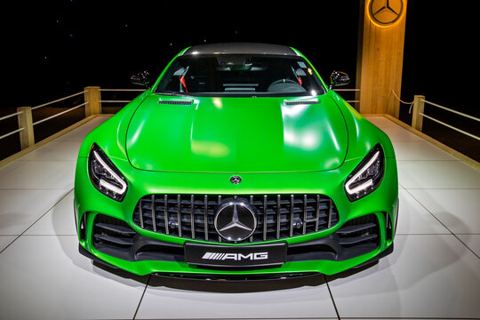 Mercedes-AMG GT R Coupe sports car at the Autosalon 2020 Motor Show. Brussels, Belgium - January 9, 2020.