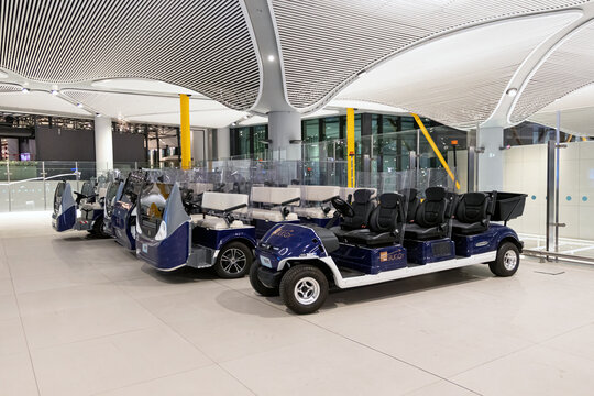 ISTANBUL AIRPORT, TURKEY - OCTOBER 6, 2020: Parked electric buggies