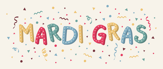 Hand drawn text and decorations for Mardi Gras Party. Vector