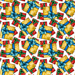 Fototapeta na wymiar Watercolor seamless pattern with gift boxes. Great Christmas allover print for wrapping paper or textile.
