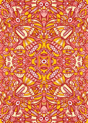 Doodle art pattern design in tones of red and yellow. It shows exotic creatures intertwining to create more of them. The seamless design aligns in a mirrored way following two symmetrical axes  