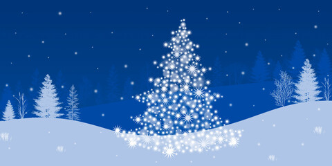 Christmas background with Christmas tree and on a blue background.