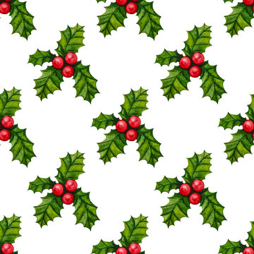 Watercolor seamless pattern with holly. Great Christmas allover print for wrapping paper or textile.