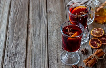 Mulled wine with cinnamon and orange. Hot drink. Winter. Recipe.