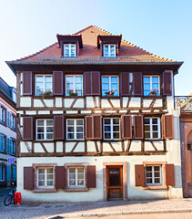 Traditional Alsatian half-timbered house in Petite Venise or little Venice, old town of Colmar,  Alsace, France