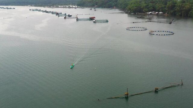 Fisheries on Luzon Island, Philippines. Fish farm, top view. Aerial view of fish ponds for bangus, milkfish.