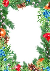 Watercolor winter frame. Hand drawn vertical card