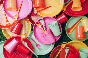 Disposable plastic tableware - plates, forks, spoons. Colored plastic disposable tableware on green...