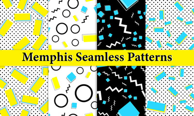 Set of Doodle Fun Seamless Patterns. Memphis Style. Colorful Funky Background.