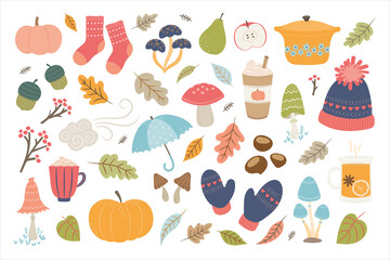 Autumn hand drawn vector elements. Cute illustration with autumn and winter cozy elements. Isolated on white background. 