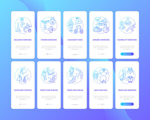 Kinesiology dark blue onboarding mobile app page screen with concepts set. Workout activity. Physical health walkthrough 5 steps graphic instructions. UI vector template with RGB color illustrations