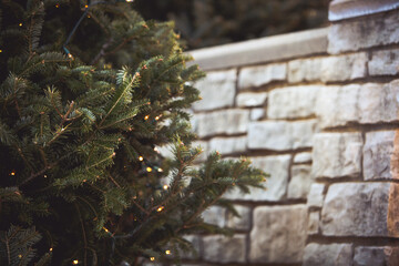 Christmas Tree lights and stone wall