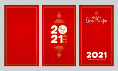 Set with cards, social media templates with a illustration of the Ox Zodiac sign, Symbol of 2021 on the Chinese calendar.