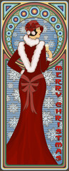 Art Nouveau Sexy Santa girl with champagne, new year card, vector illustration	