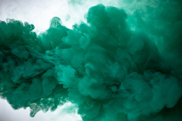 Green smoke bomb exploding against white background