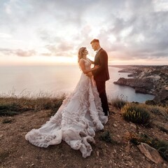 Fototapeta na wymiar portrait of a happy bride in luxury dress and groom, wedding at sunset
