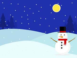 Flat Design cute Christmas snowman cartoon in scarf and top hat on winter background with snow. Use for Graphic, Vector illustrations, ad, artwork, template.