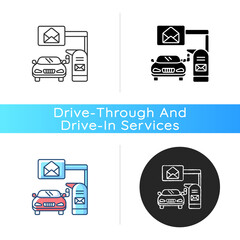 Drive through mailbox icon. American post office with transport lane. Convenience service for postal delivery. Postal service. Linear black and RGB color styles. Isolated vector illustrations