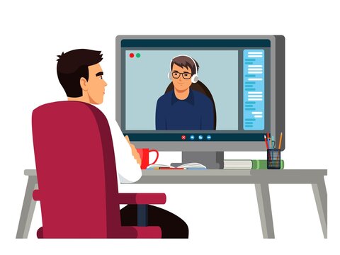 Two men talking at online video call. Communication via computer screen vector illustration. Workers talking on videoconference with cup and books. Virtual digital meeting