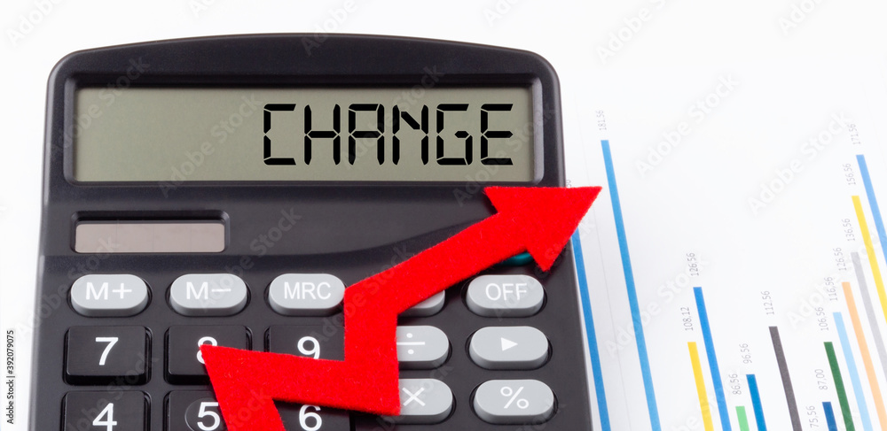 Poster calculator with red ascending arrow and text change on the display