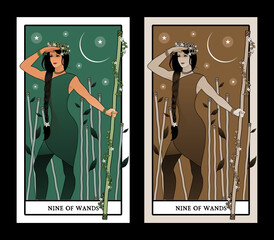 Nine of wands. Tarot cards. Young woman looking away, holding a wand surrounded by flowers and leaves; Eight sticks in the background