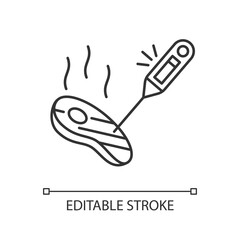 Thermometer linear icon. Kitchen tool to measure meat temperature. Gauge for heat. Thin line customizable illustration. Contour symbol. Vector isolated outline drawing. Editable stroke