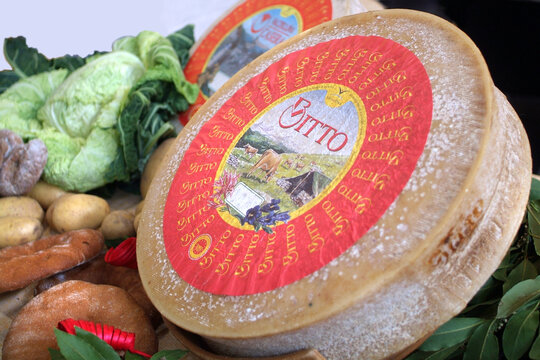 Turin, Piedmont, Italy. -10/22/2010- The Food fair "Salone del Gusto". Bitto cheese wheel.
