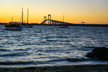 Fototapeta na wymiar Pell Bridge in Newport at sunset.