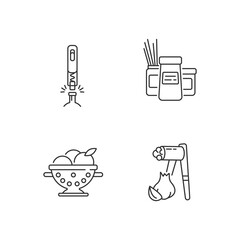 Food preparation tools linear icons set. Corkscrew for bottle. Kitchen storage containers. Garlic press. Customizable thin line contour symbols. Isolated vector outline illustrations. Editable stroke