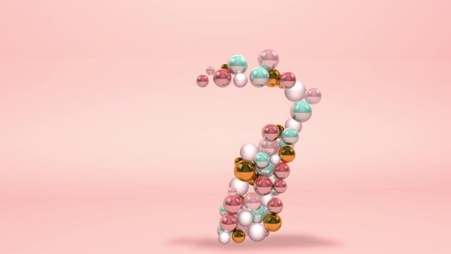 Abstract number digit 7 seven with beads pearls balls on pink background animation 3d