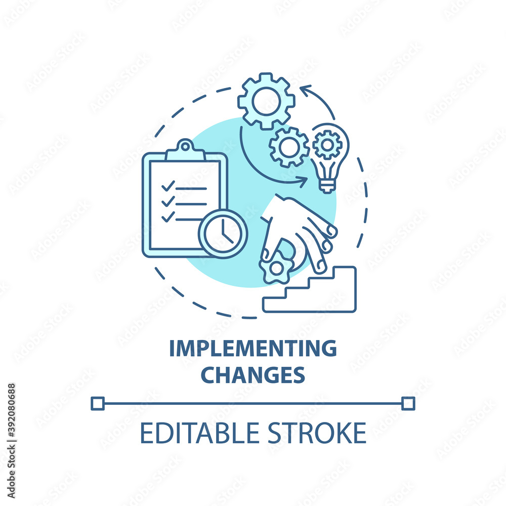 Poster implementing changes concept icon. business consulting stage idea thin line illustration. building p