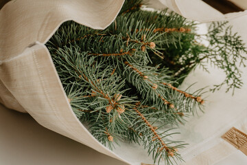 Pine tree branches in the cotton cloth bag. Christmas and winter concept. Christmas gift pack. White fabric bag with tree branches, organic concept.