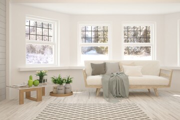 White living room with sofa and winter landscape in window. Scandinavian interior design. 3D illustration