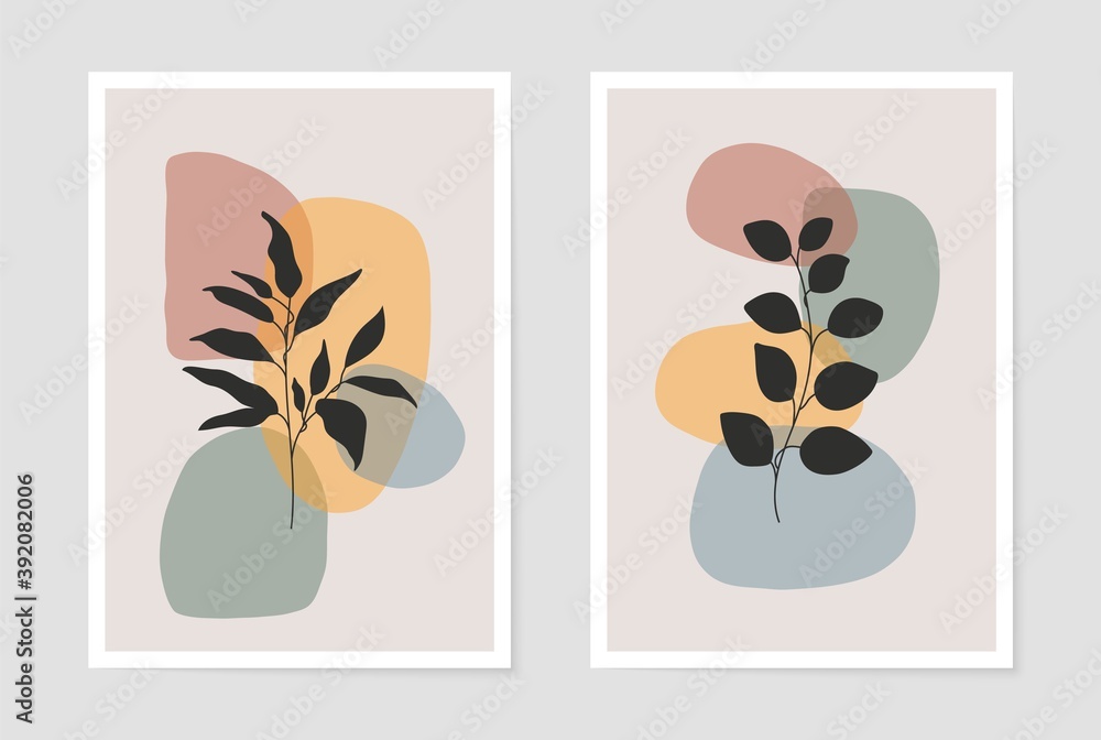 Wall mural Botanical abstract posters. Wall art set contemporary shapes boho foliage for decor cards wallpaper cover print, minimal vector