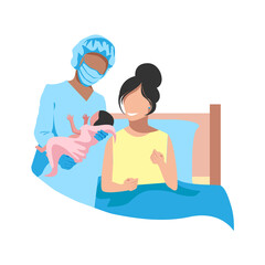 Fototapeta premium Mom with a baby in her arms after childbirth. The joy of motherhood. Thanks to the doctors and nurses. Vector illustration background.