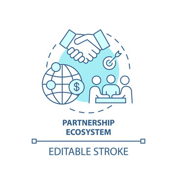 Partnership Ecosystem Concept Icon. Digital Consulting Component Idea Thin Line Illustration. Cooperation. Co-marketing Partners. Vector Isolated Outline RGB Color Drawing. Editable Stroke