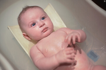 Infant baby boy washed in small bath tub, view from above