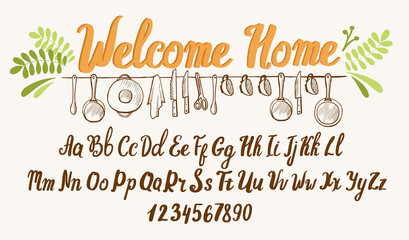 Farmhouse font. Typography alphabet with illustrations. Handwritten script for house decoration and crafty design.