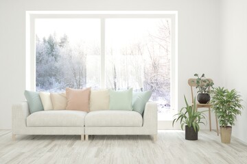 White living room with sofa and winter landscape in window. Scandinavian interior design. 3D illustration
