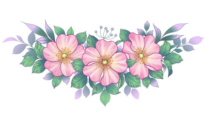 Hand Drawn Dog-Rose Flowers and Leaves