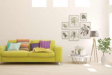 White living room with sofa. Scandinavian interior design. 3D illustration