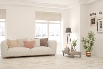 White living room with sofa. Scandinavian interior design. 3D illustration